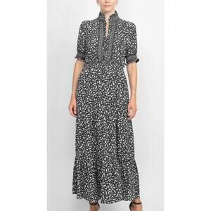 London Times T5675M New Black Floral Printed Puff Sleeves Long Dress Size 16